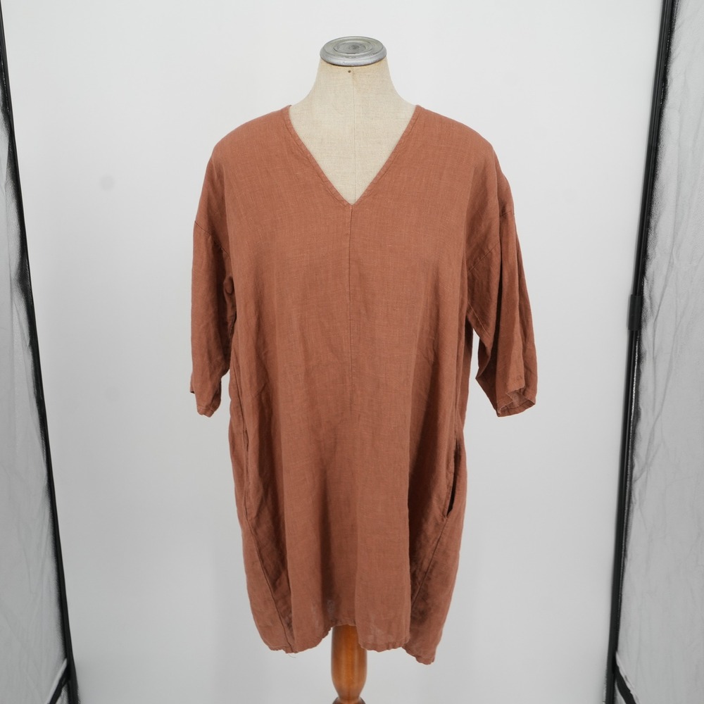 Bryn Walker‎ Linen Tunic Dress Womens OS Terracotta V-Neck Lagenlook Pockets USA